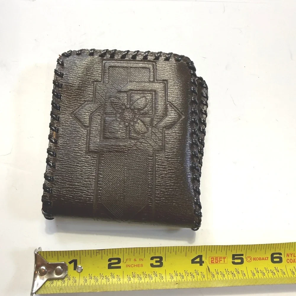 Vintage Dark Brown Top Grain Cowhide Leather Bifold Wallet Whipstitch Embossed